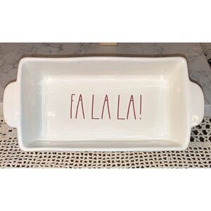 Rae Dunn Artisan Magenta FA LA LA Ivory w/Red Letters Trim Loaf Pan Christmas